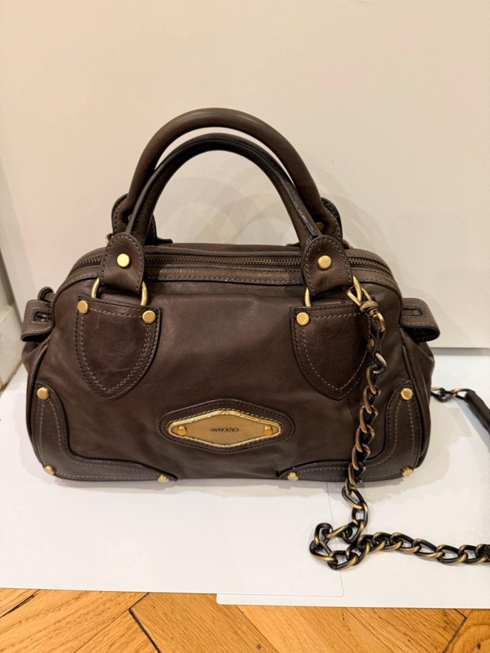 Luana Italian Leather Satchel Dark Olive Brown Chain Strap Top Handle - Picture 13 of 13